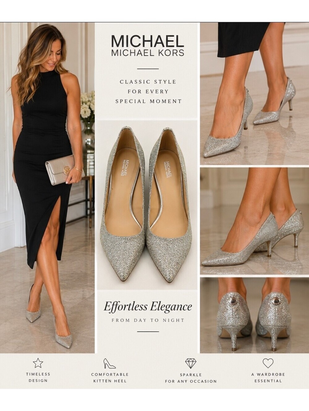 Michael Kors Silver Glitter Pointed Toe Kitten Heel Pumps Women’s 8.5